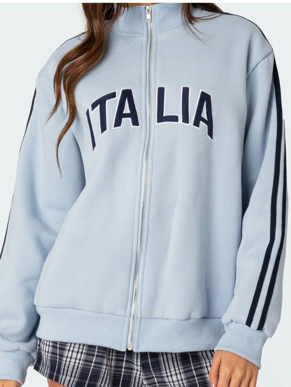 Edikted Light Blue Italia Zip Jacket with Navy Stripes